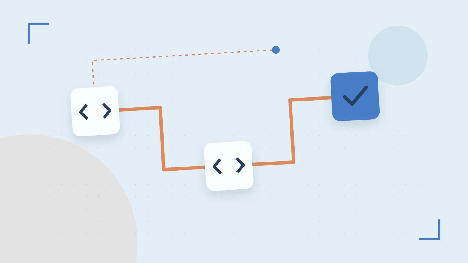 Editorial illustration of a branching build pipeline, staged transformations and a completed check