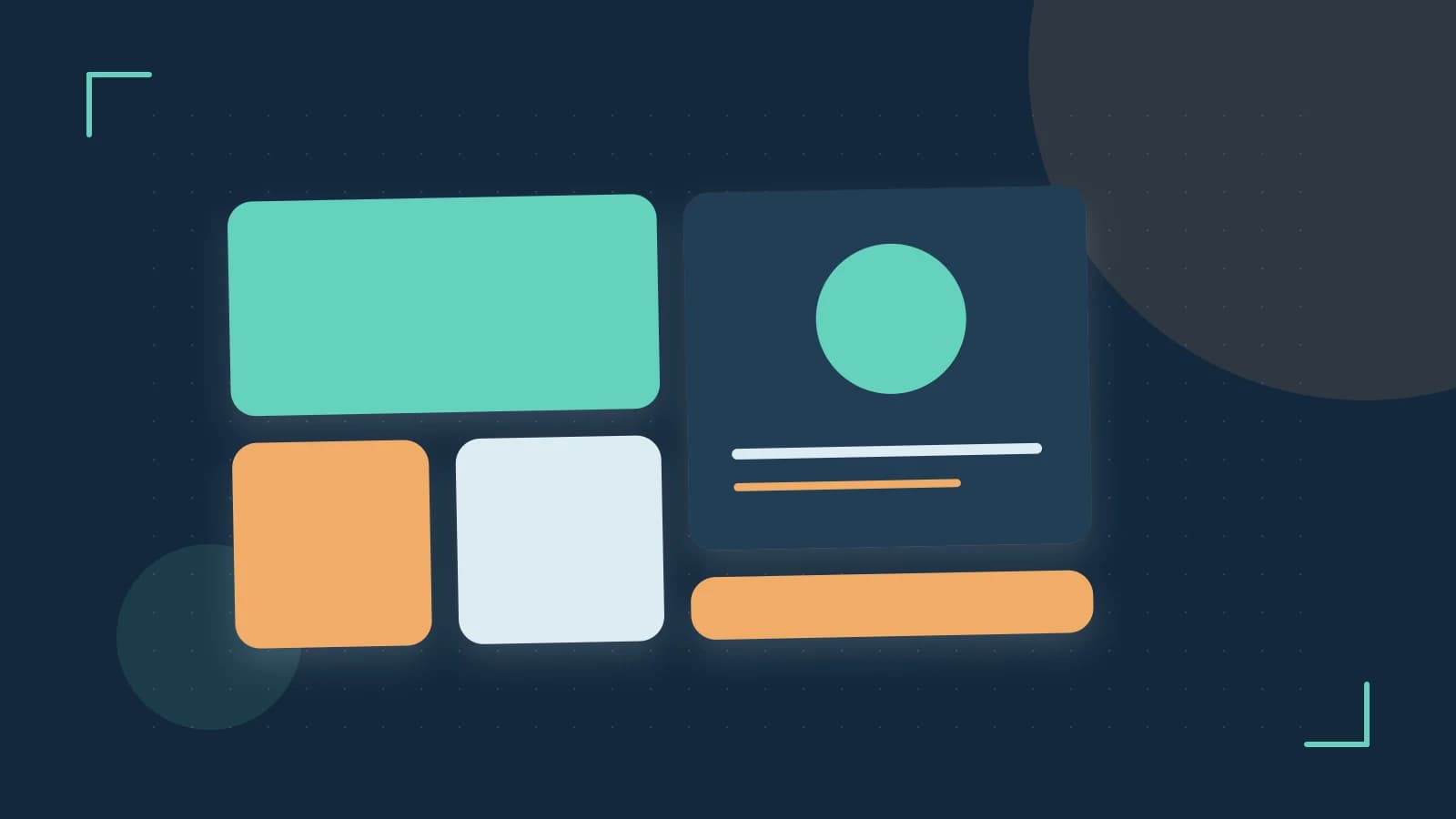 Editorial illustration of responsive browser layouts, overlapping design components and a color system