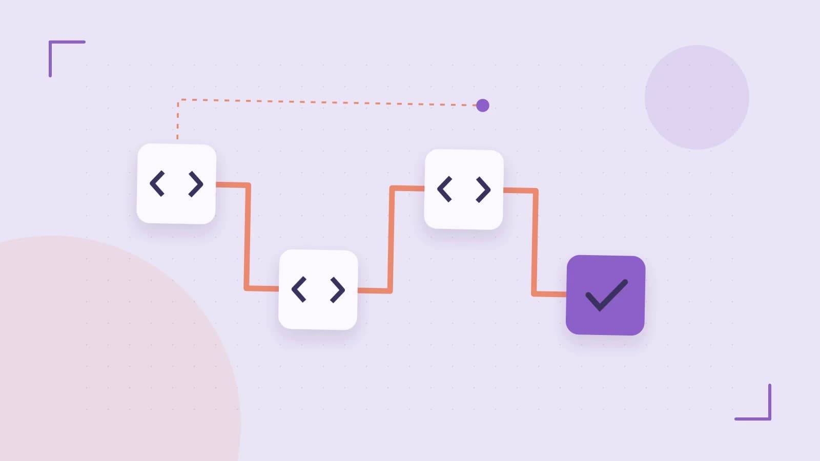 Editorial illustration of a branching build pipeline, staged transformations and a completed check