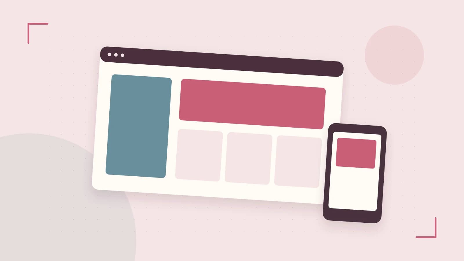 Editorial illustration of responsive browser layouts, overlapping design components and a color system