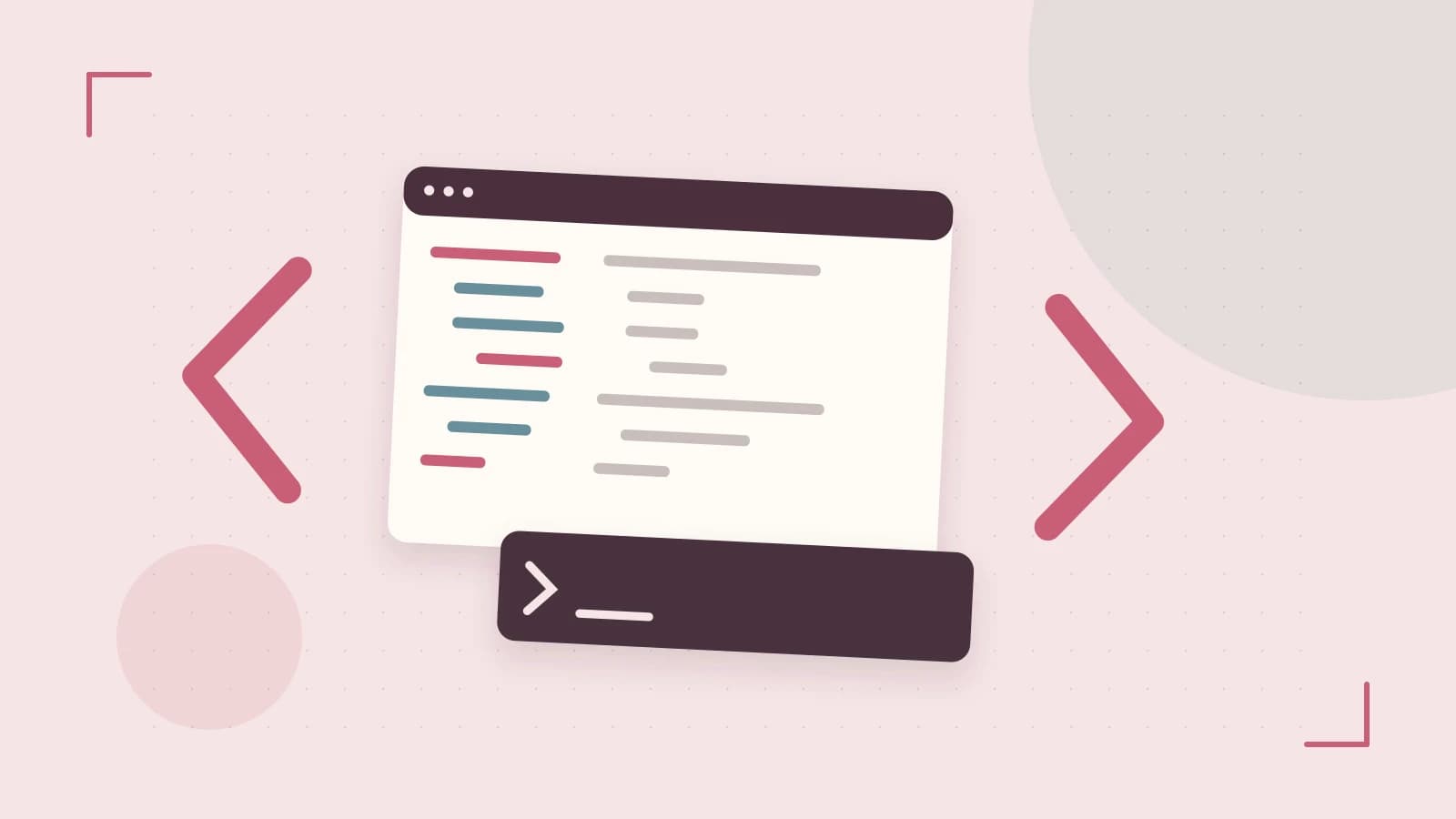 Editorial illustration of an abstract code editor, syntax blocks and oversized programming brackets