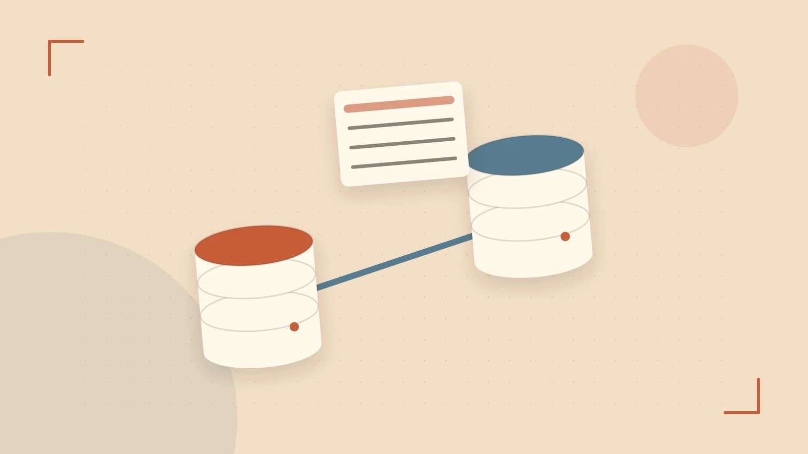 Editorial illustration of structured records, database cylinders and relationships between tables