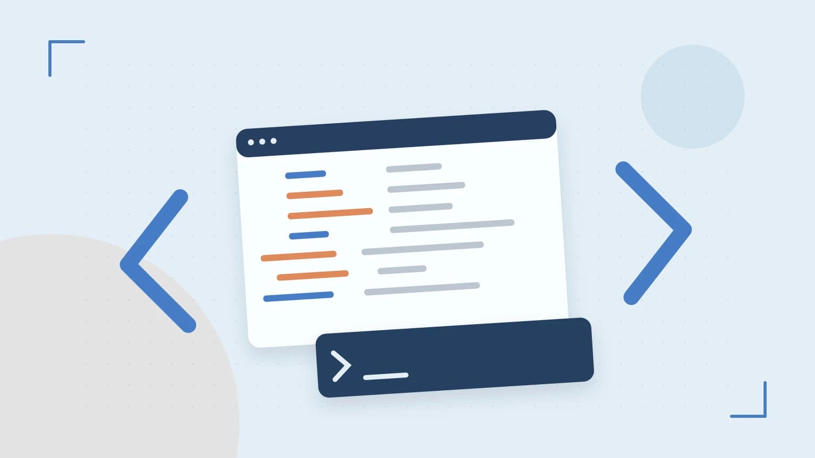 Editorial illustration of an abstract code editor, syntax blocks and oversized programming brackets