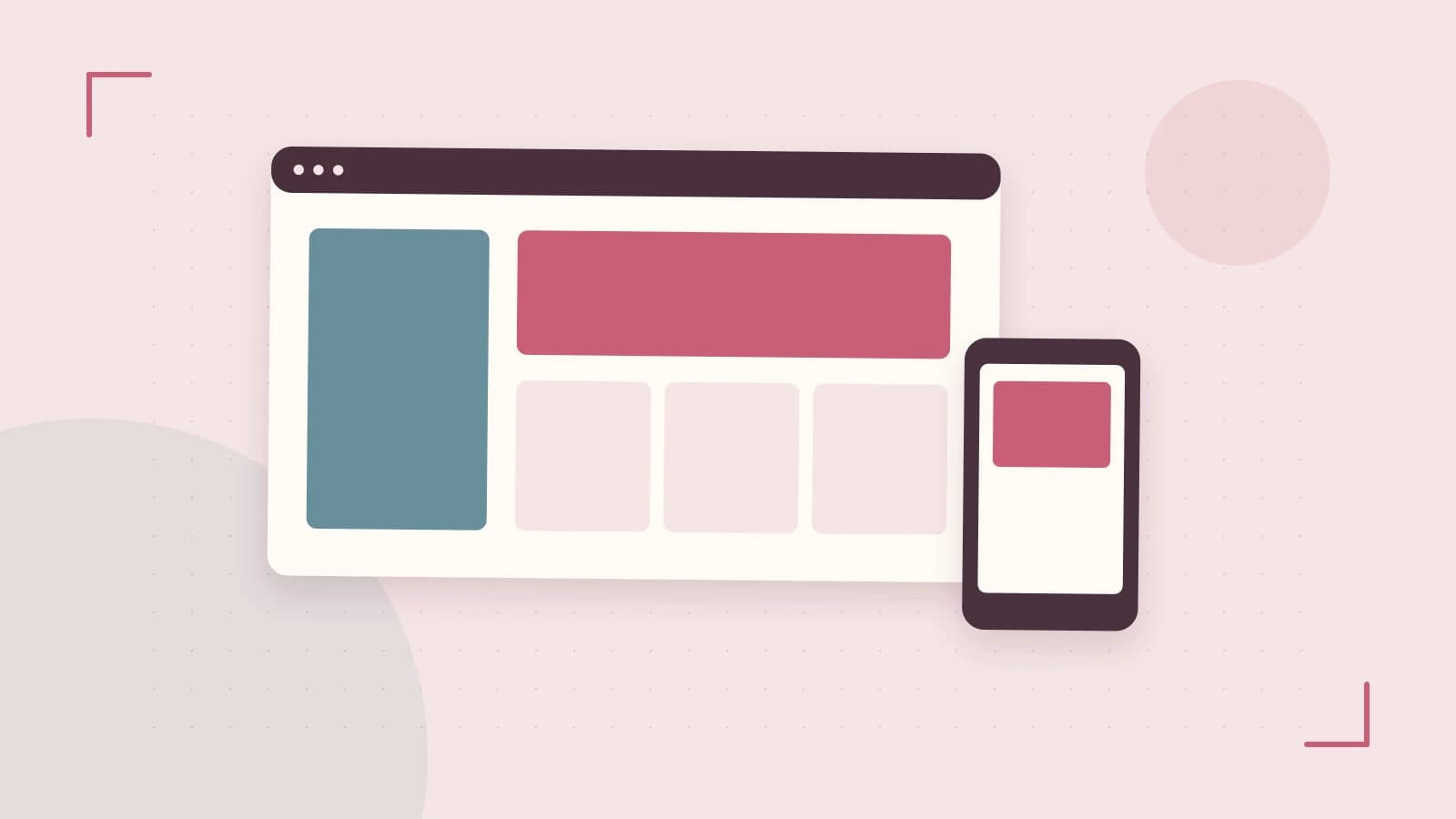 Editorial illustration of responsive browser layouts, overlapping design components and a color system
