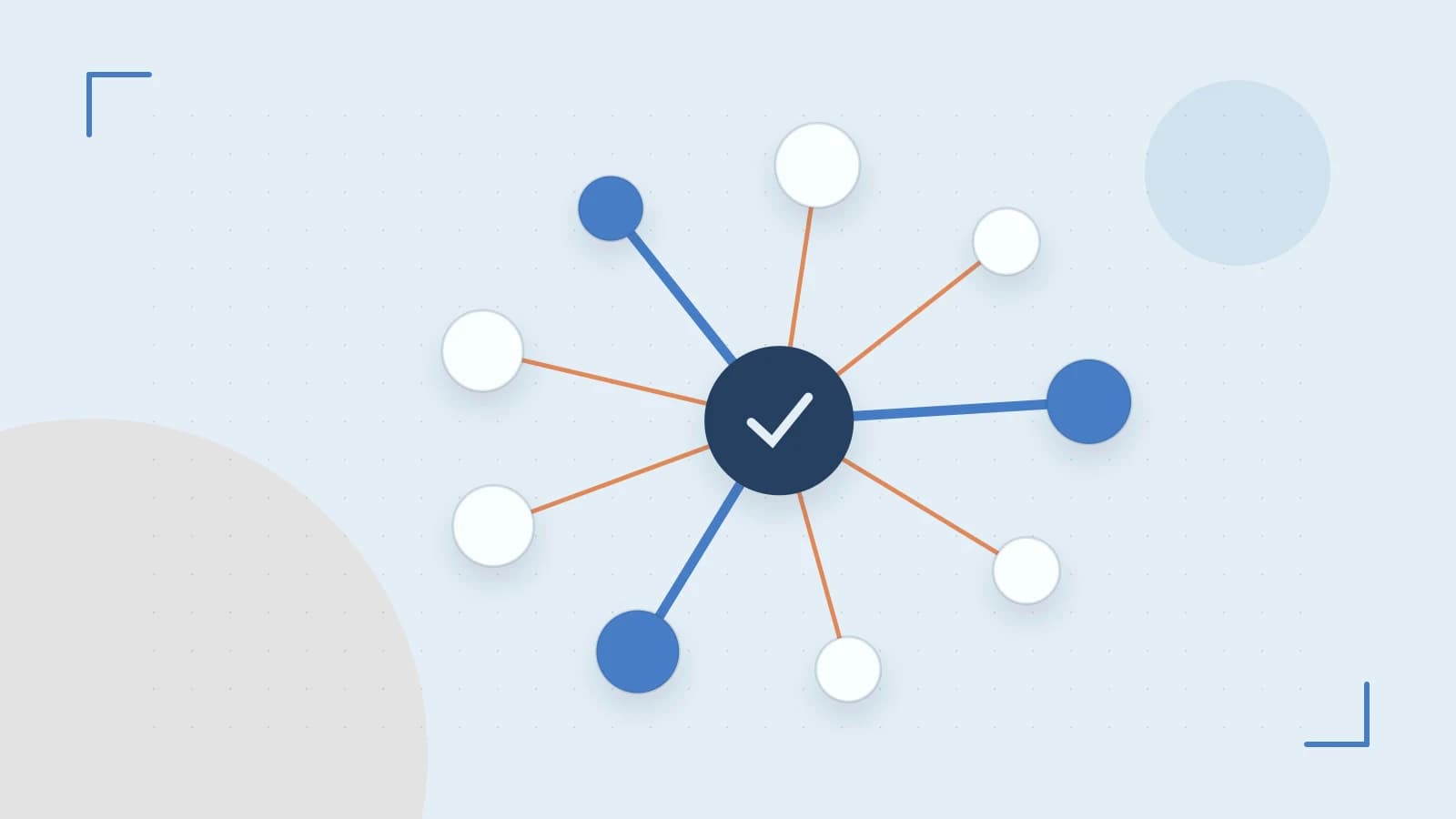 Editorial illustration of an algorithmic node graph with branching paths and a highlighted result