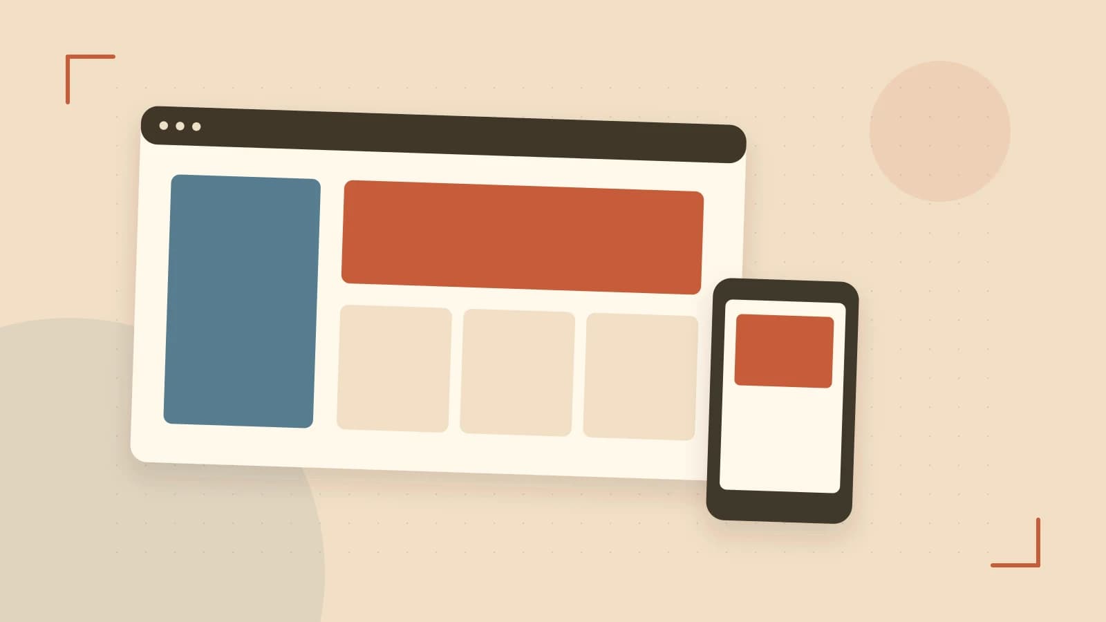 Editorial illustration of responsive browser layouts, overlapping design components and a color system
