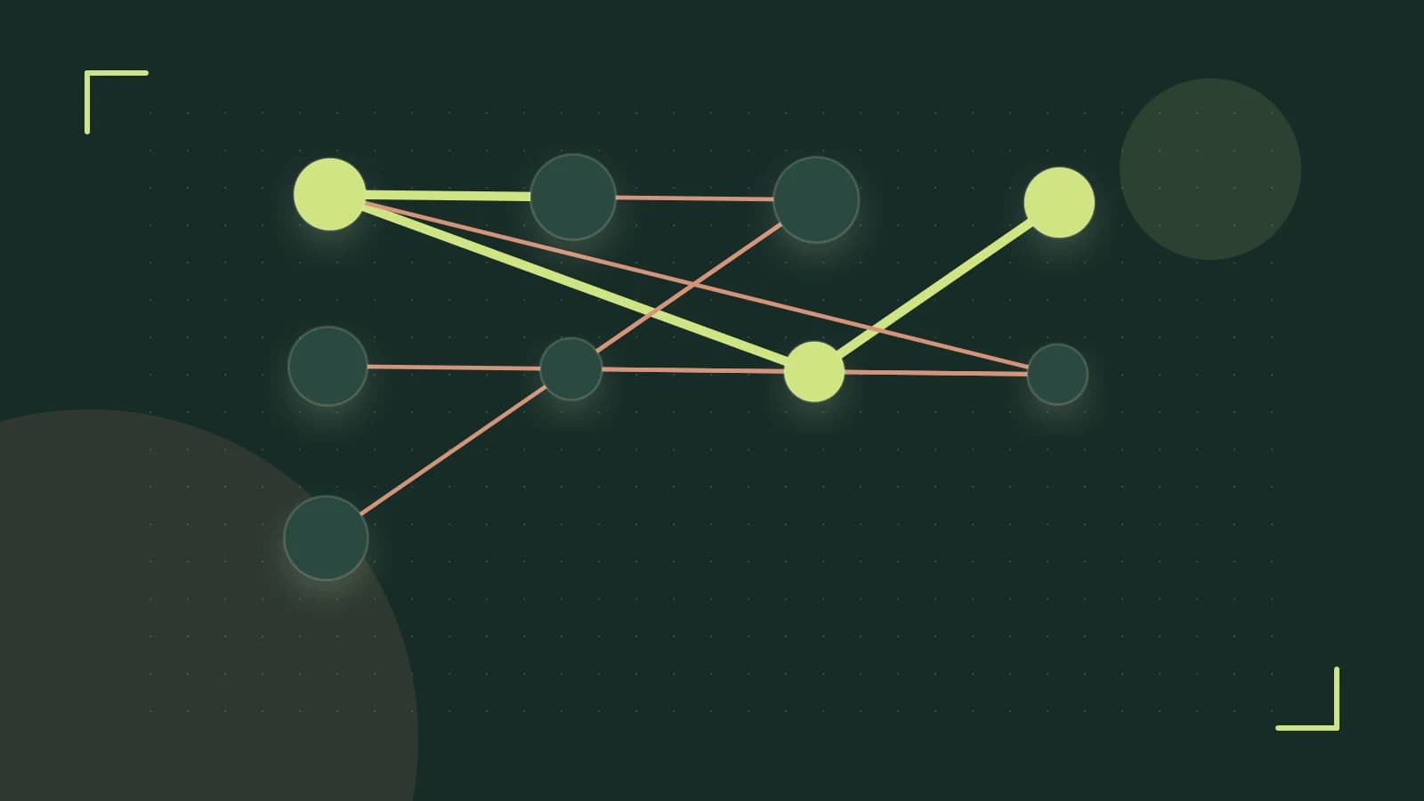 Editorial illustration of an algorithmic node graph with branching paths and a highlighted result
