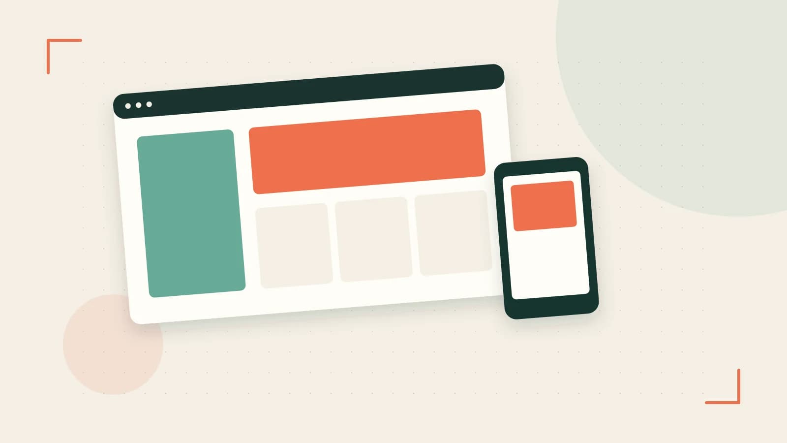 Editorial illustration of responsive browser layouts, overlapping design components and a color system
