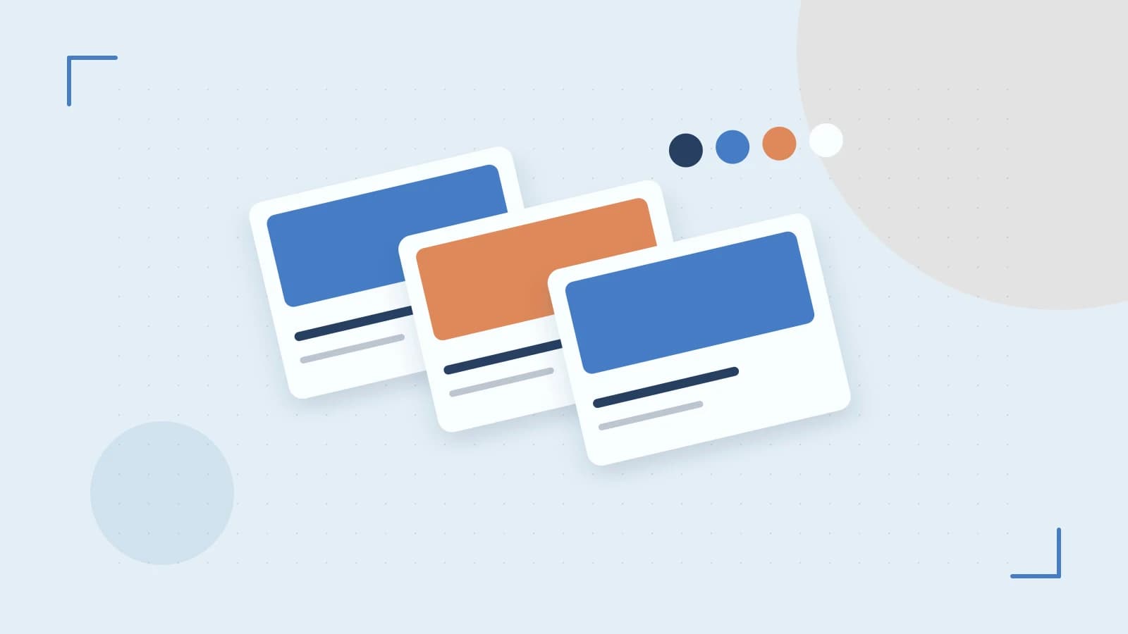 Editorial illustration of responsive browser layouts, overlapping design components and a color system