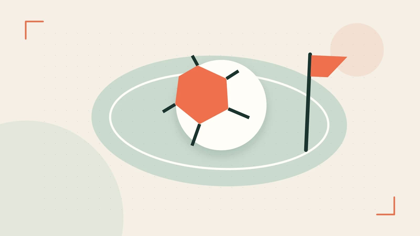Editorial illustration of a stylized sports ball, stadium geometry and dynamic arcs