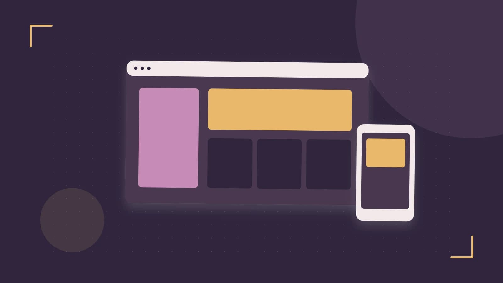 Editorial illustration of responsive browser layouts, overlapping design components and a color system