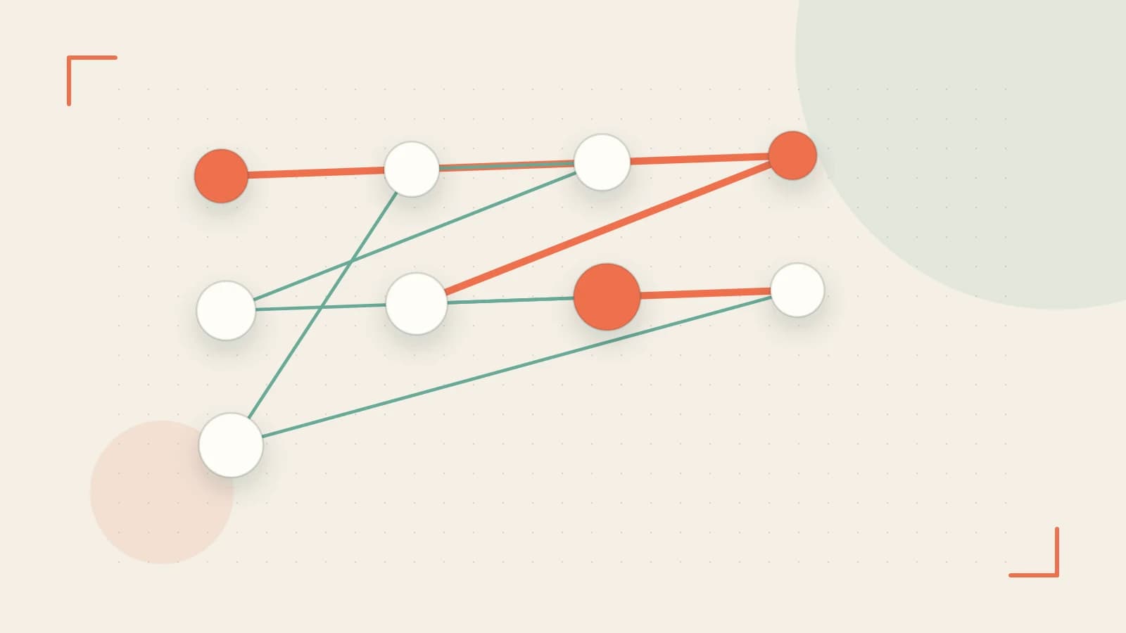 Editorial illustration of an algorithmic node graph with branching paths and a highlighted result