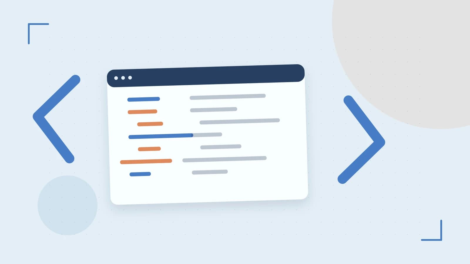 Editorial illustration of an abstract code editor, syntax blocks and oversized programming brackets