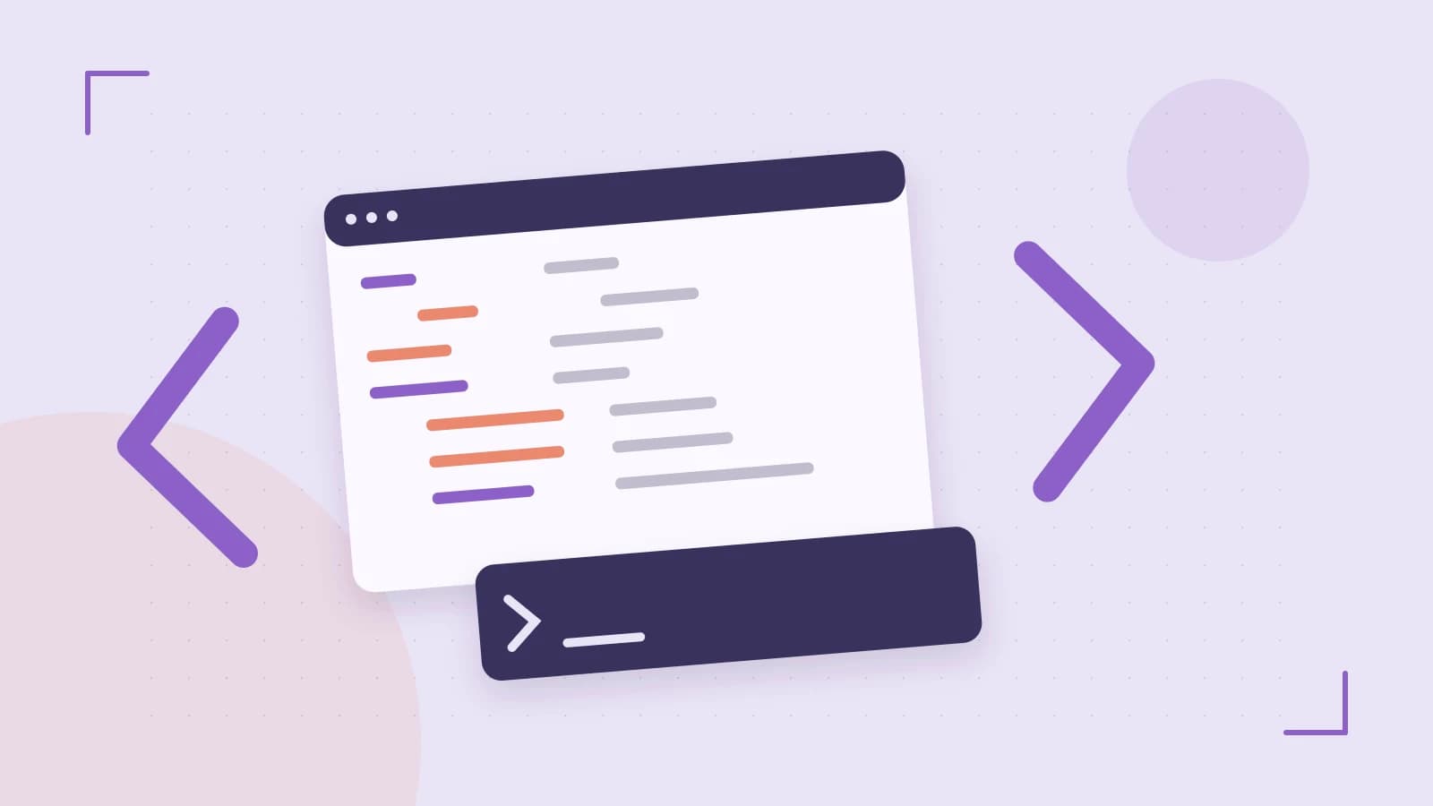 Editorial illustration of an abstract code editor, syntax blocks and oversized programming brackets