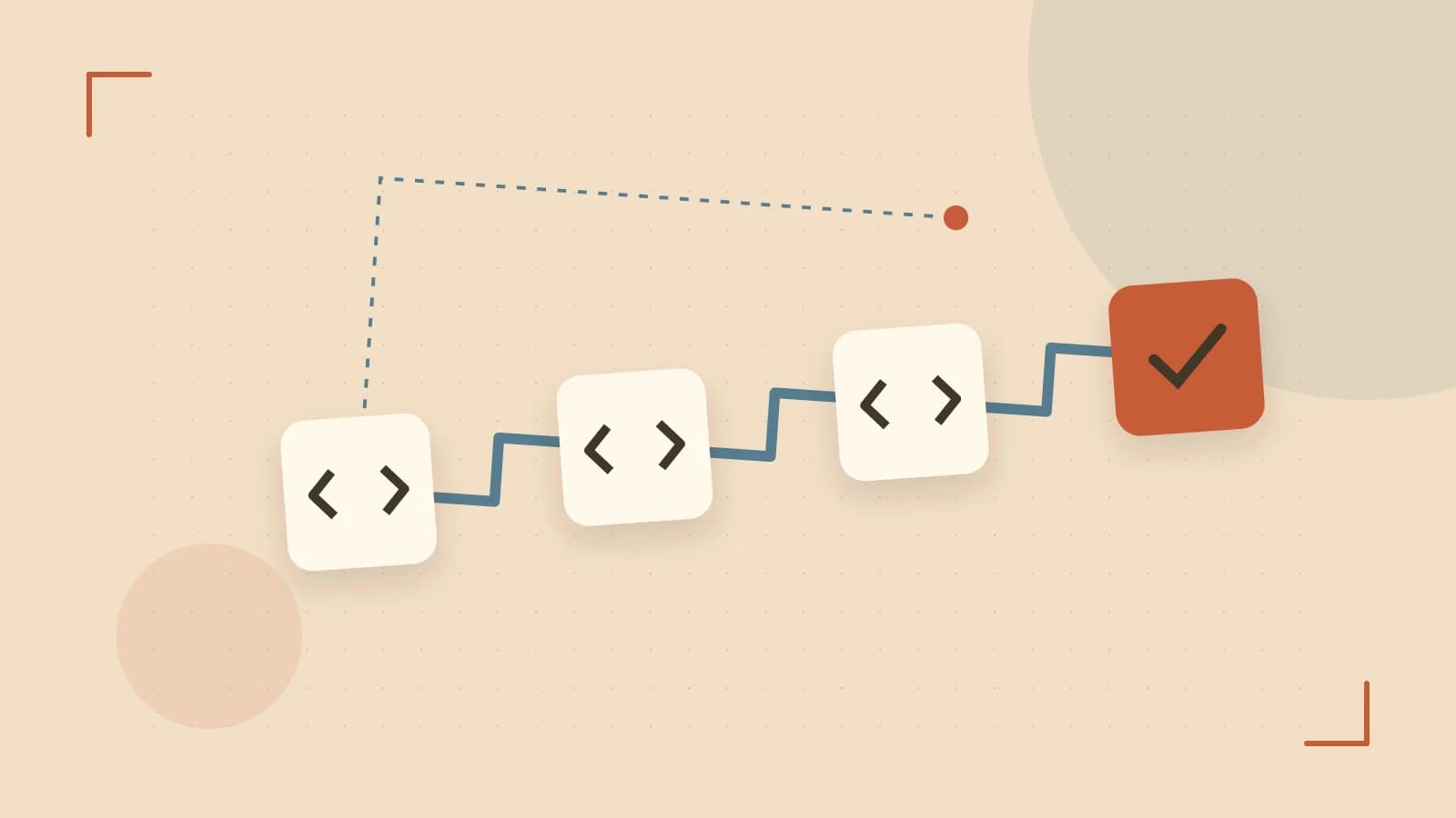 Editorial illustration of a branching build pipeline, staged transformations and a completed check