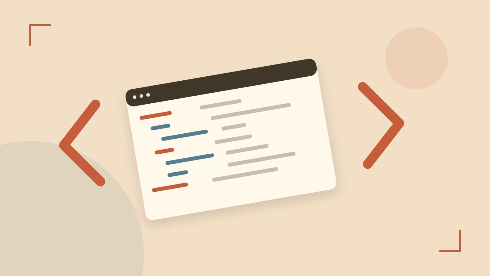 Editorial illustration of an abstract code editor, syntax blocks and oversized programming brackets