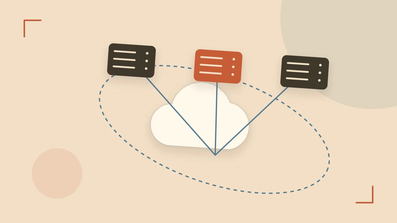 Editorial illustration of cloud infrastructure, connected server racks and an orbital service map