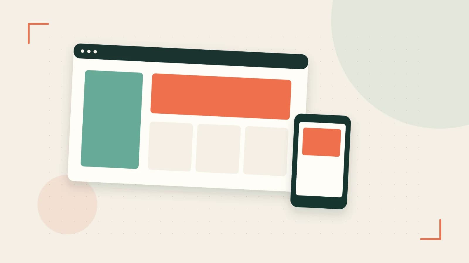 Editorial illustration of responsive browser layouts, overlapping design components and a color system