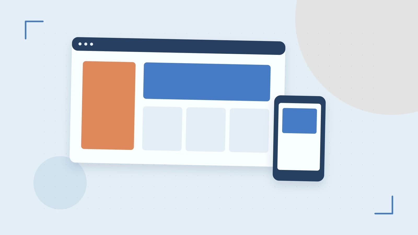 Editorial illustration of responsive browser layouts, overlapping design components and a color system
