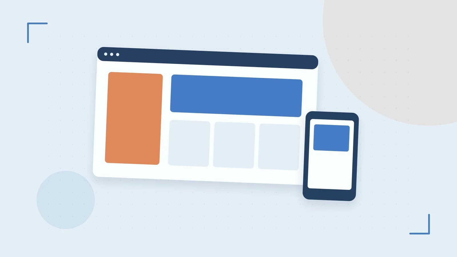 Editorial illustration of responsive browser layouts, overlapping design components and a color system