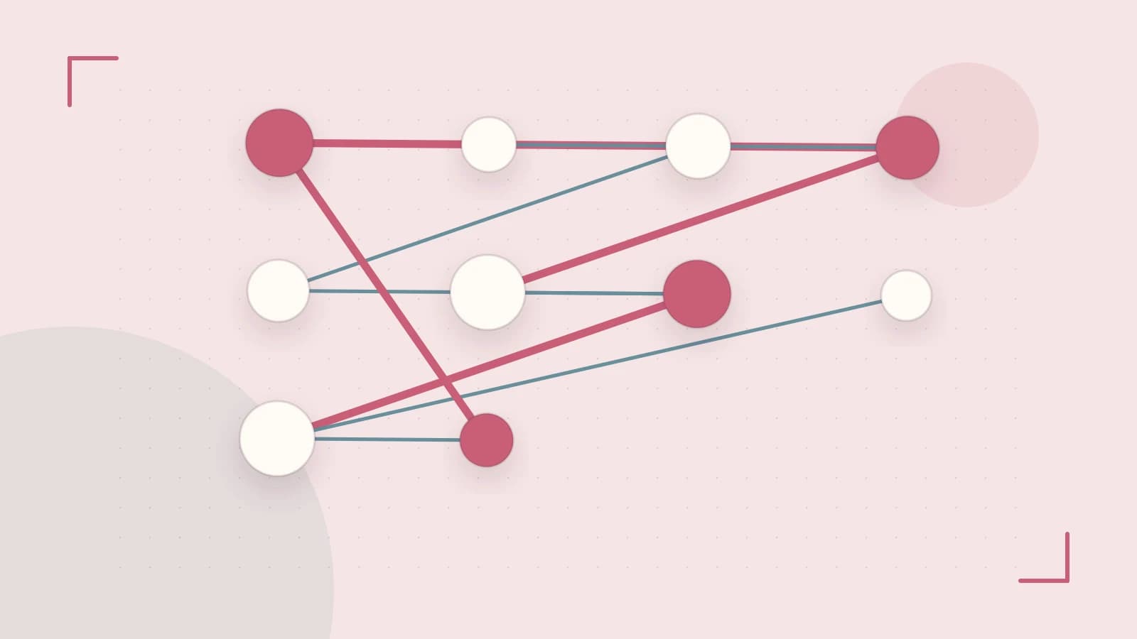 Editorial illustration of an algorithmic node graph with branching paths and a highlighted result