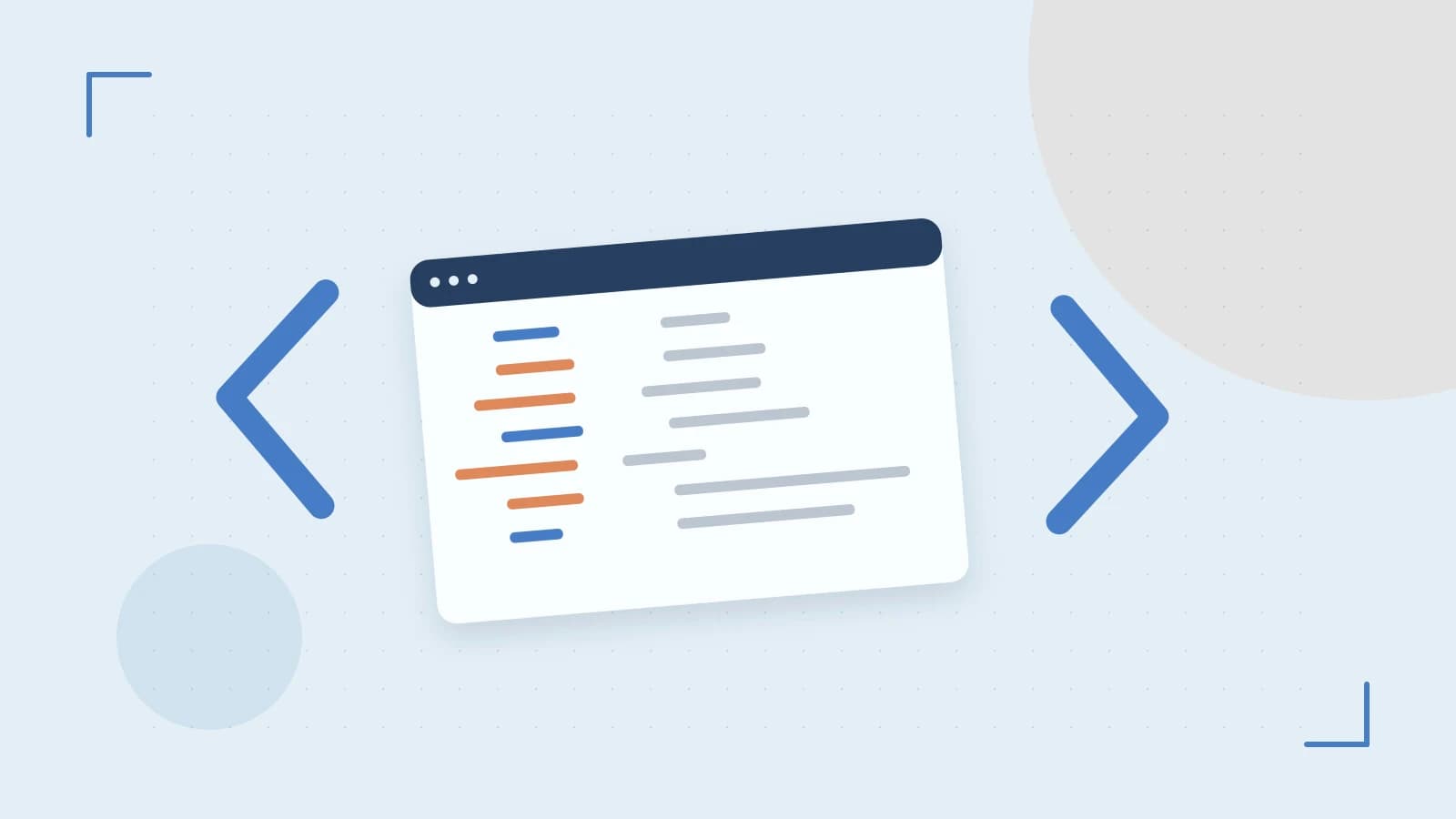 Editorial illustration of an abstract code editor, syntax blocks and oversized programming brackets