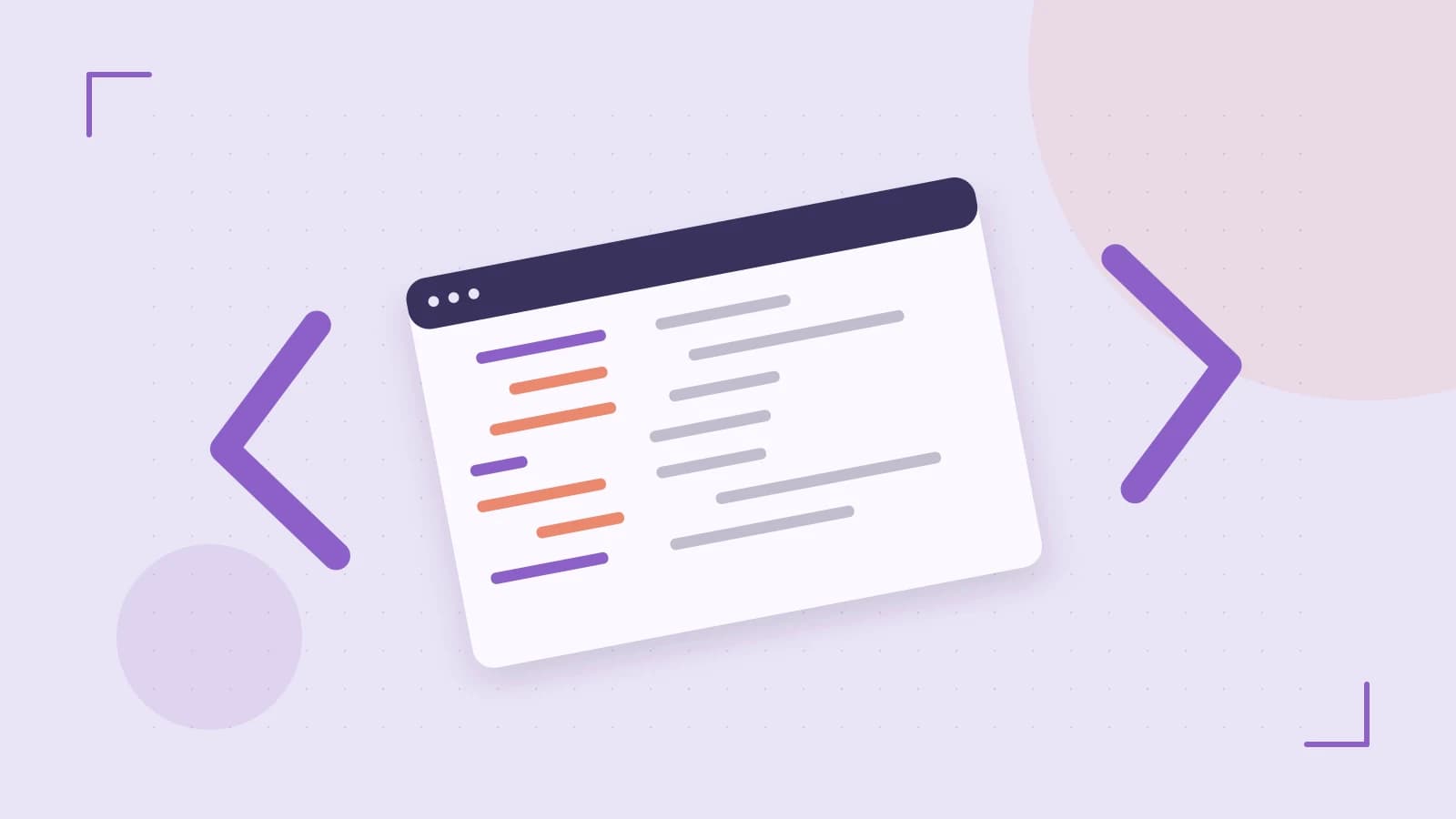 Editorial illustration of an abstract code editor, syntax blocks and oversized programming brackets