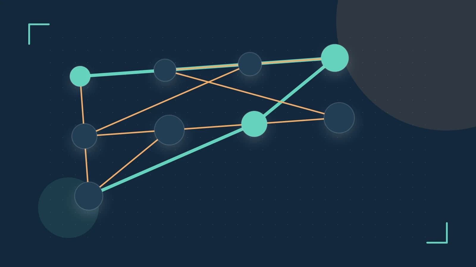 Editorial illustration of an algorithmic node graph with branching paths and a highlighted result