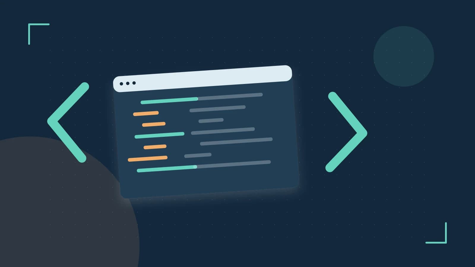 Editorial illustration of an abstract code editor, syntax blocks and oversized programming brackets