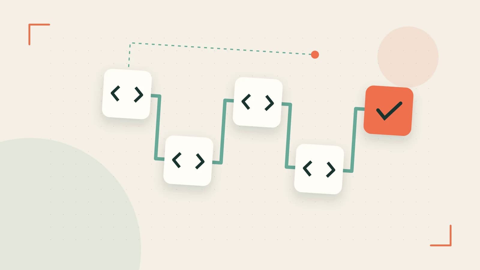 Editorial illustration of a branching build pipeline, staged transformations and a completed check