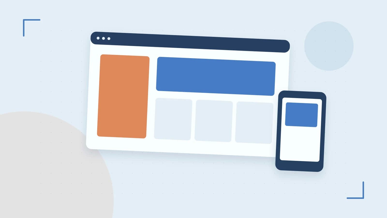 Editorial illustration of responsive browser layouts, overlapping design components and a color system