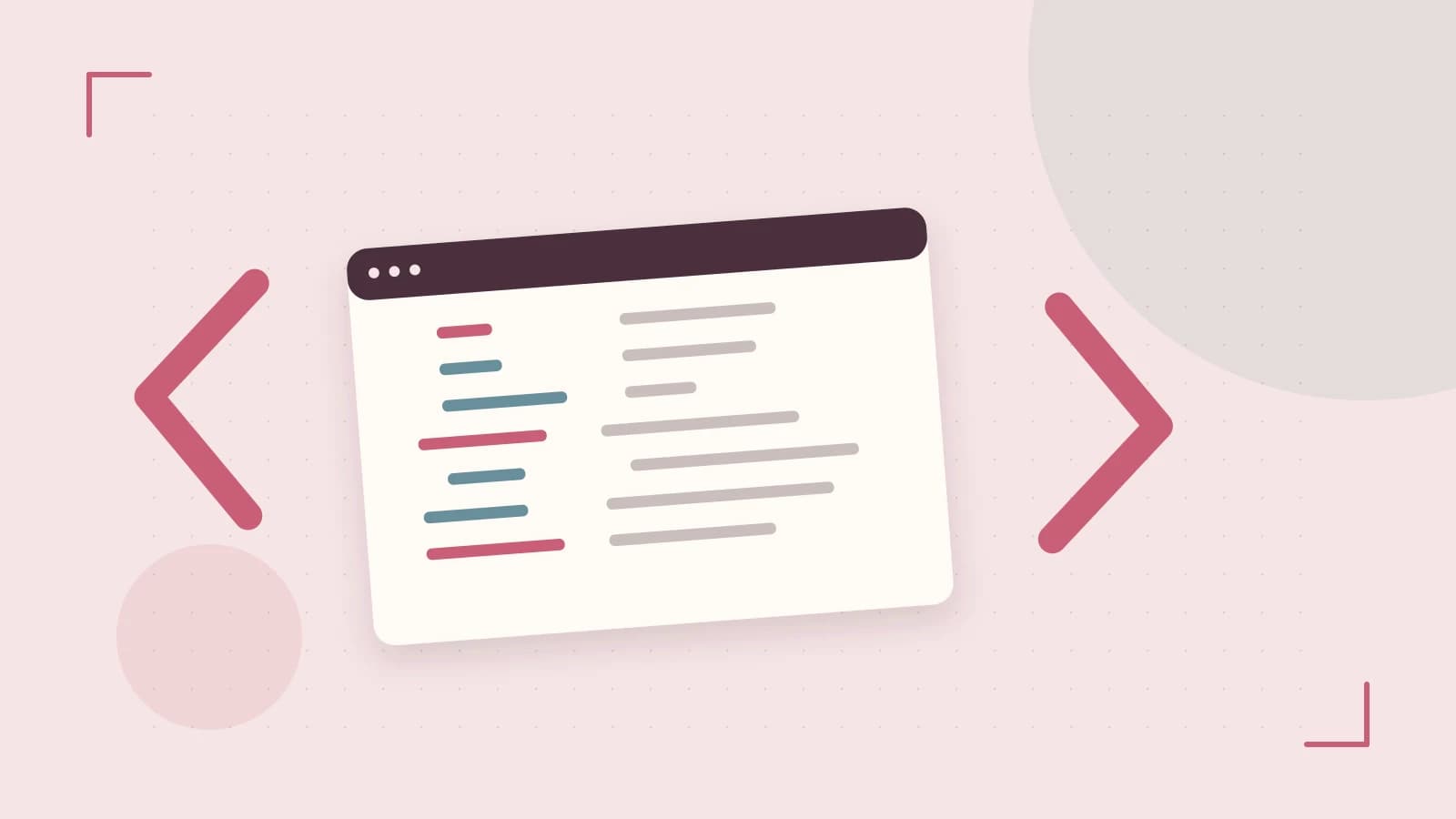 Editorial illustration of an abstract code editor, syntax blocks and oversized programming brackets