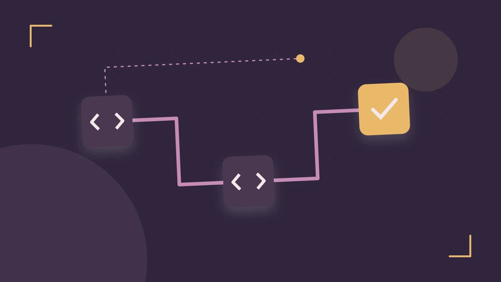 Editorial illustration of a branching build pipeline, staged transformations and a completed check