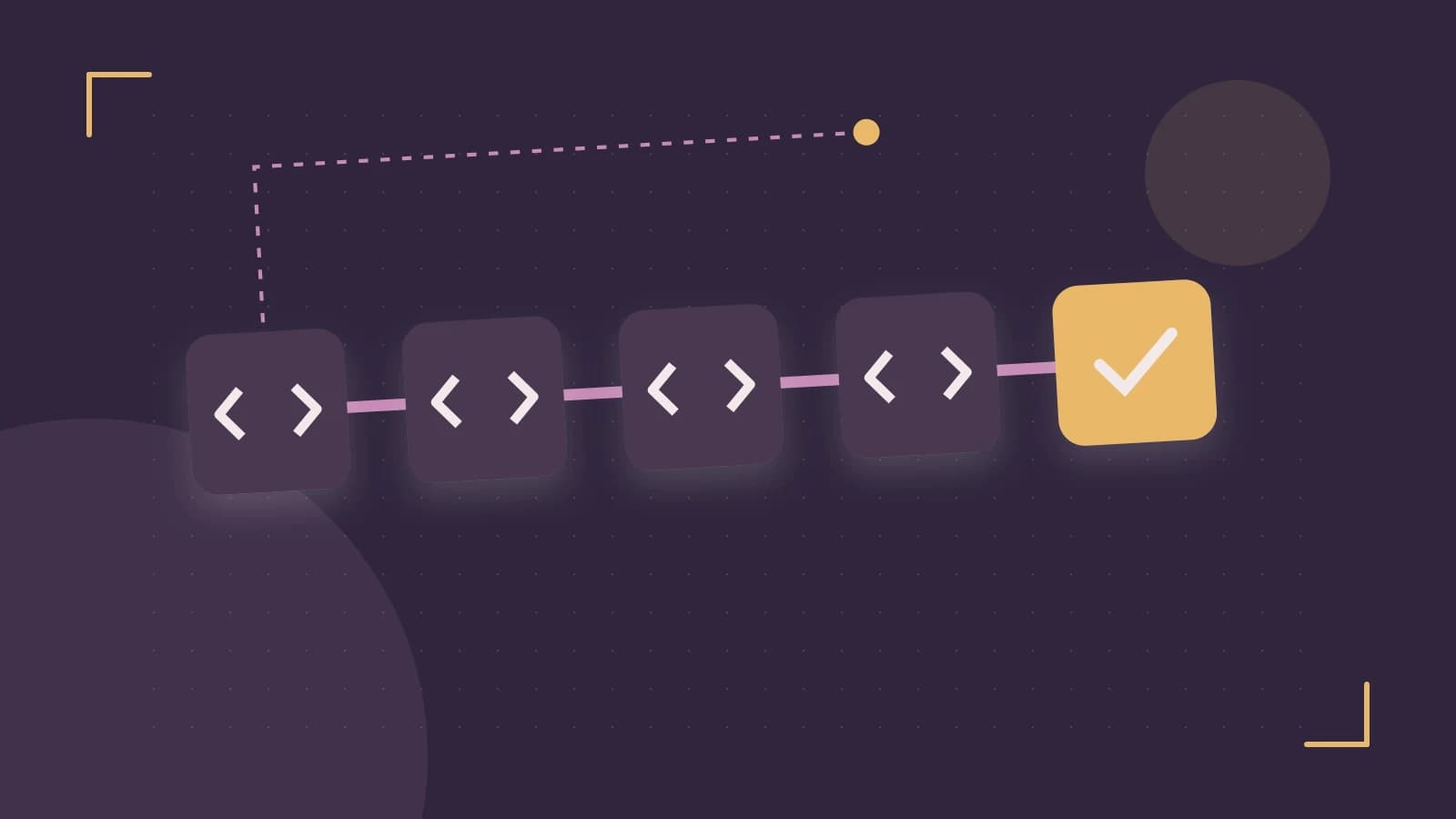 Editorial illustration of a branching build pipeline, staged transformations and a completed check