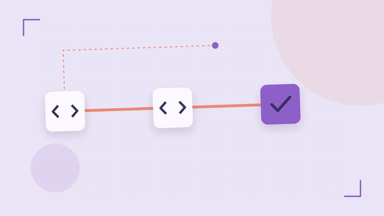 Editorial illustration of a branching build pipeline, staged transformations and a completed check