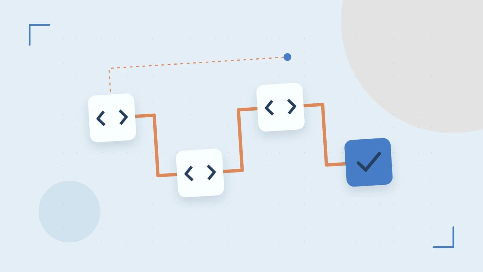 Editorial illustration of a branching build pipeline, staged transformations and a completed check