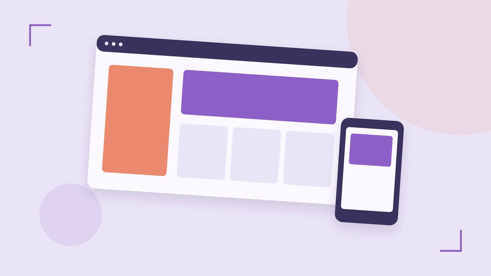 Editorial illustration of responsive browser layouts, overlapping design components and a color system
