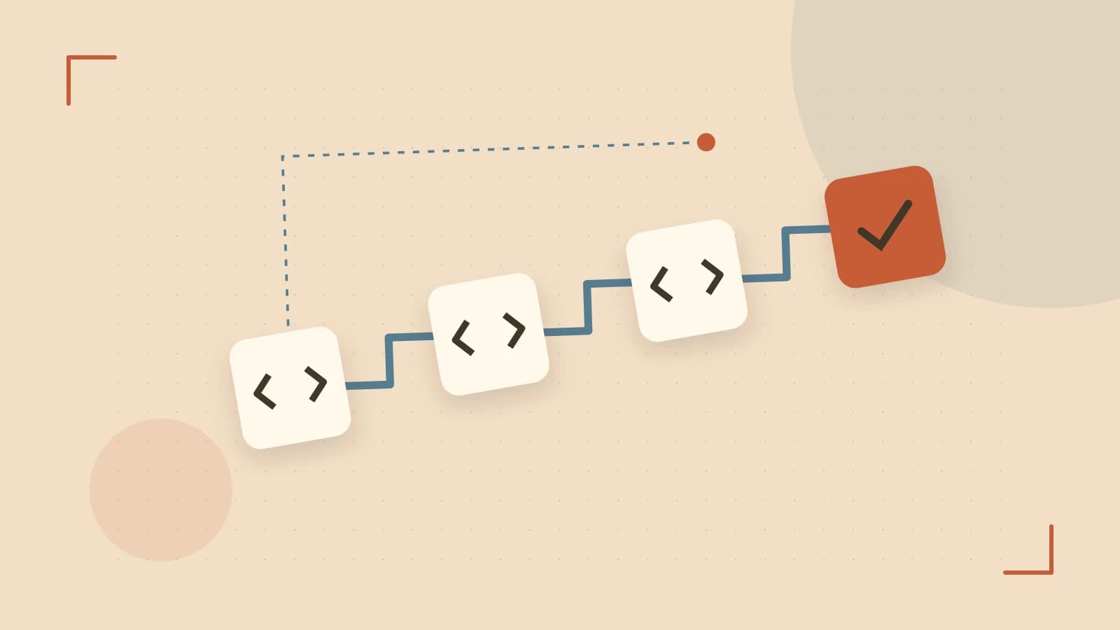 Editorial illustration of a branching build pipeline, staged transformations and a completed check