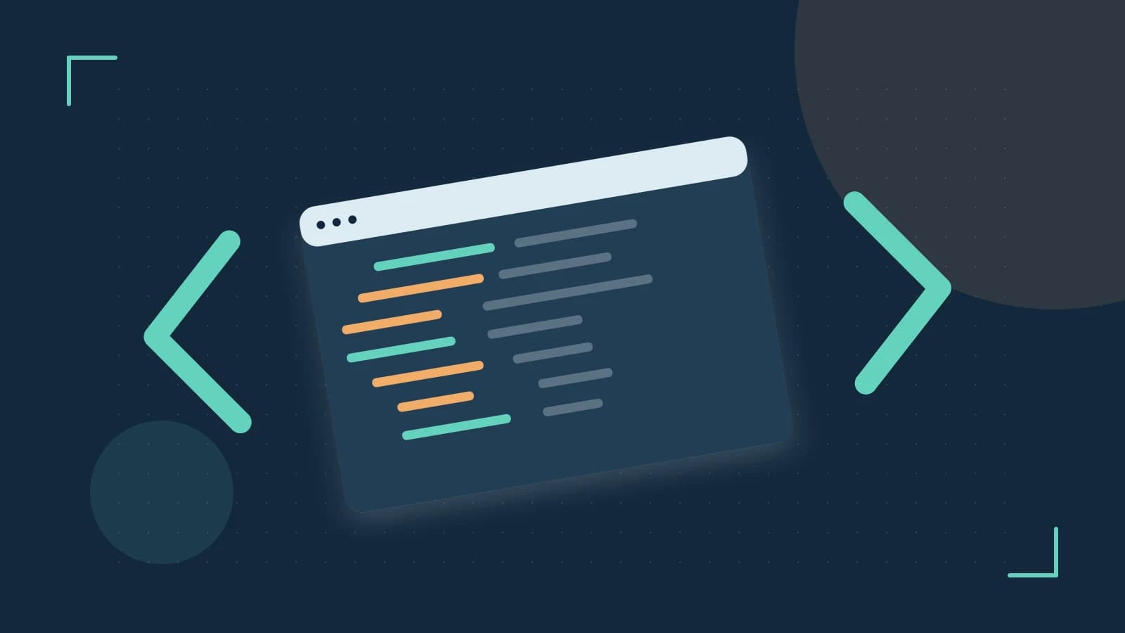 Editorial illustration of an abstract code editor, syntax blocks and oversized programming brackets