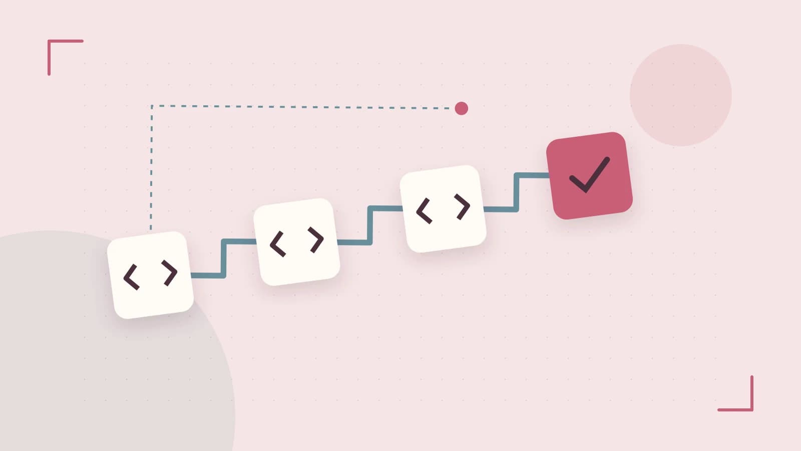 Editorial illustration of a branching build pipeline, staged transformations and a completed check