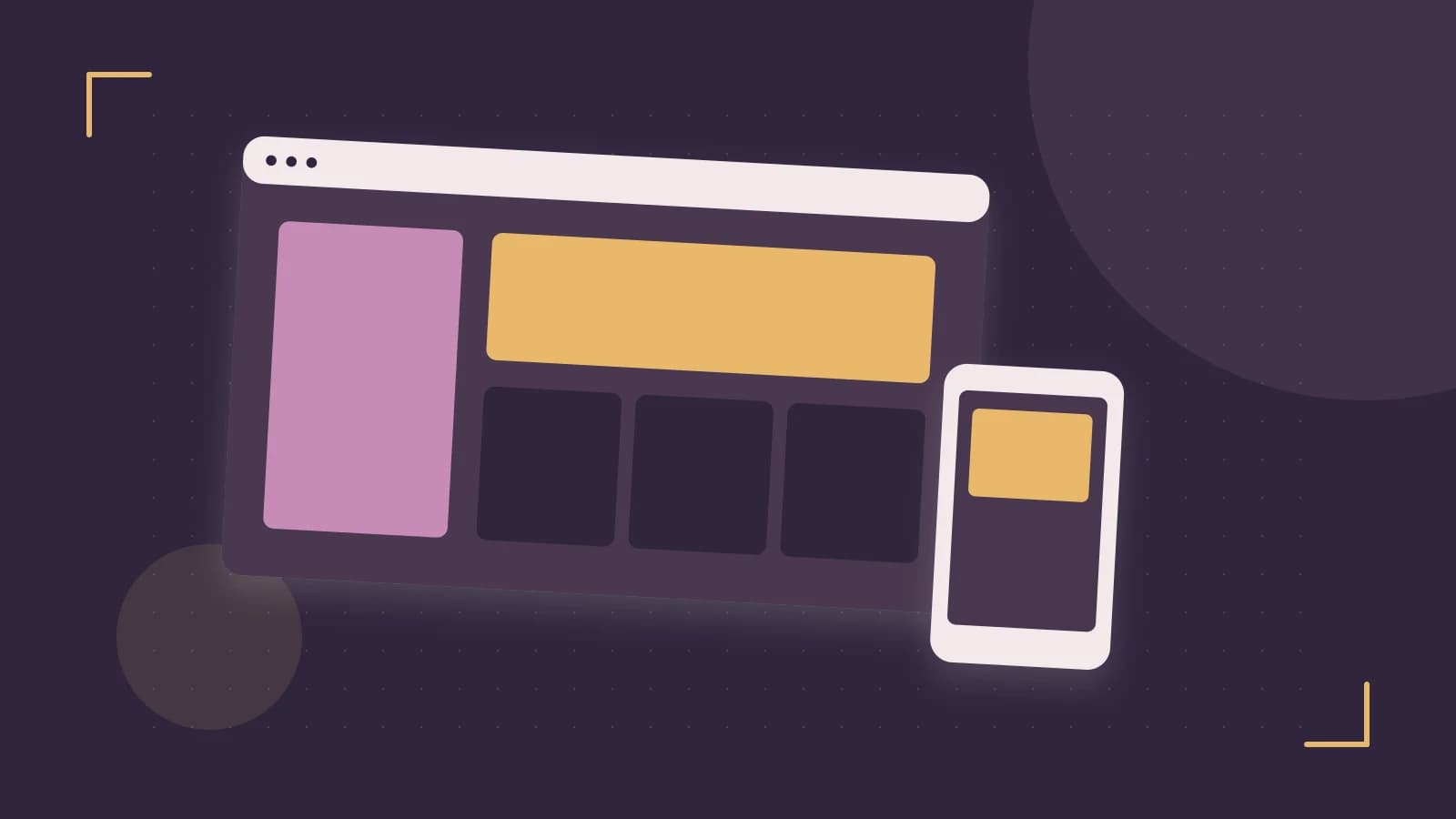 Editorial illustration of responsive browser layouts, overlapping design components and a color system
