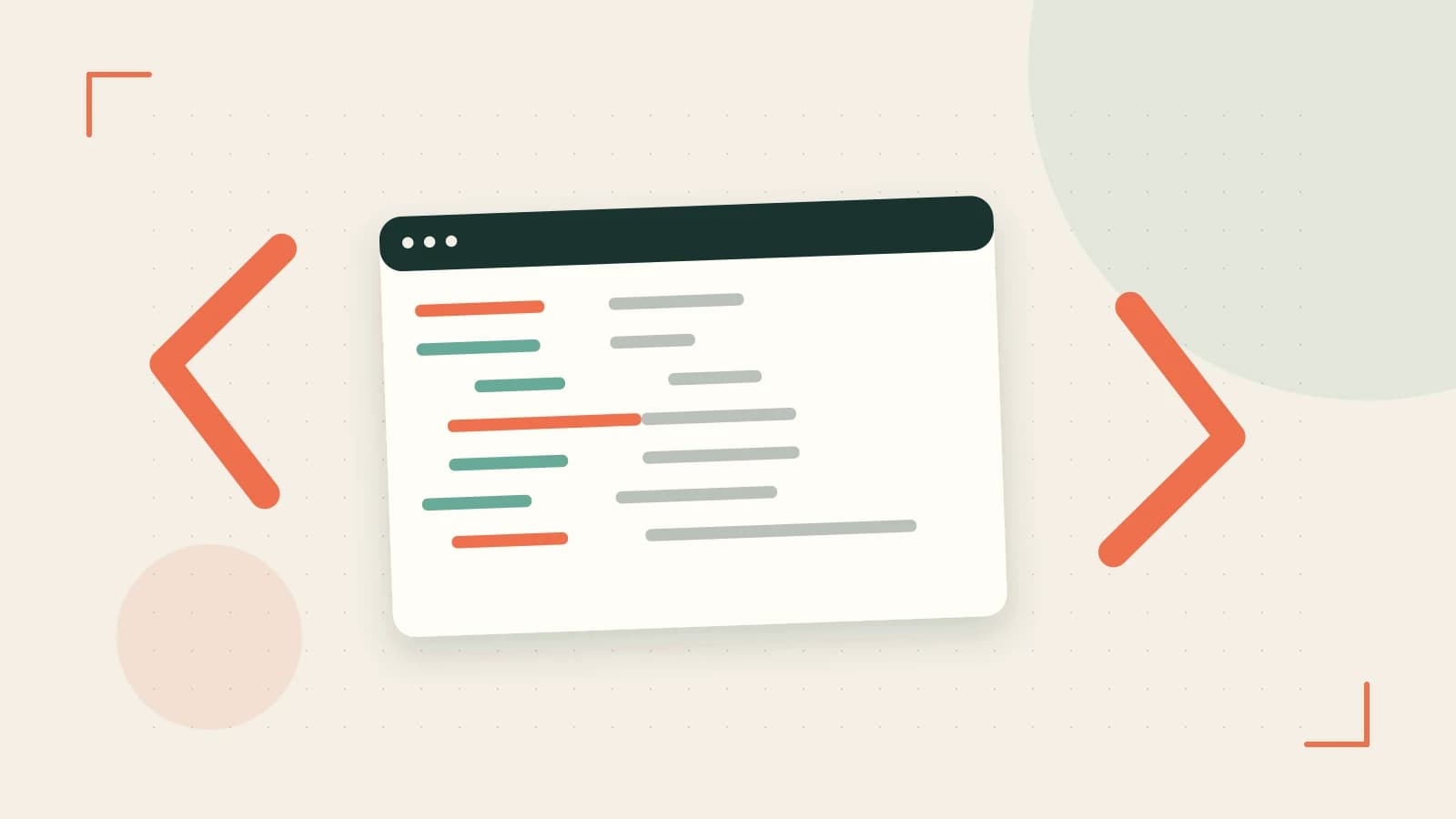 Editorial illustration of an abstract code editor, syntax blocks and oversized programming brackets