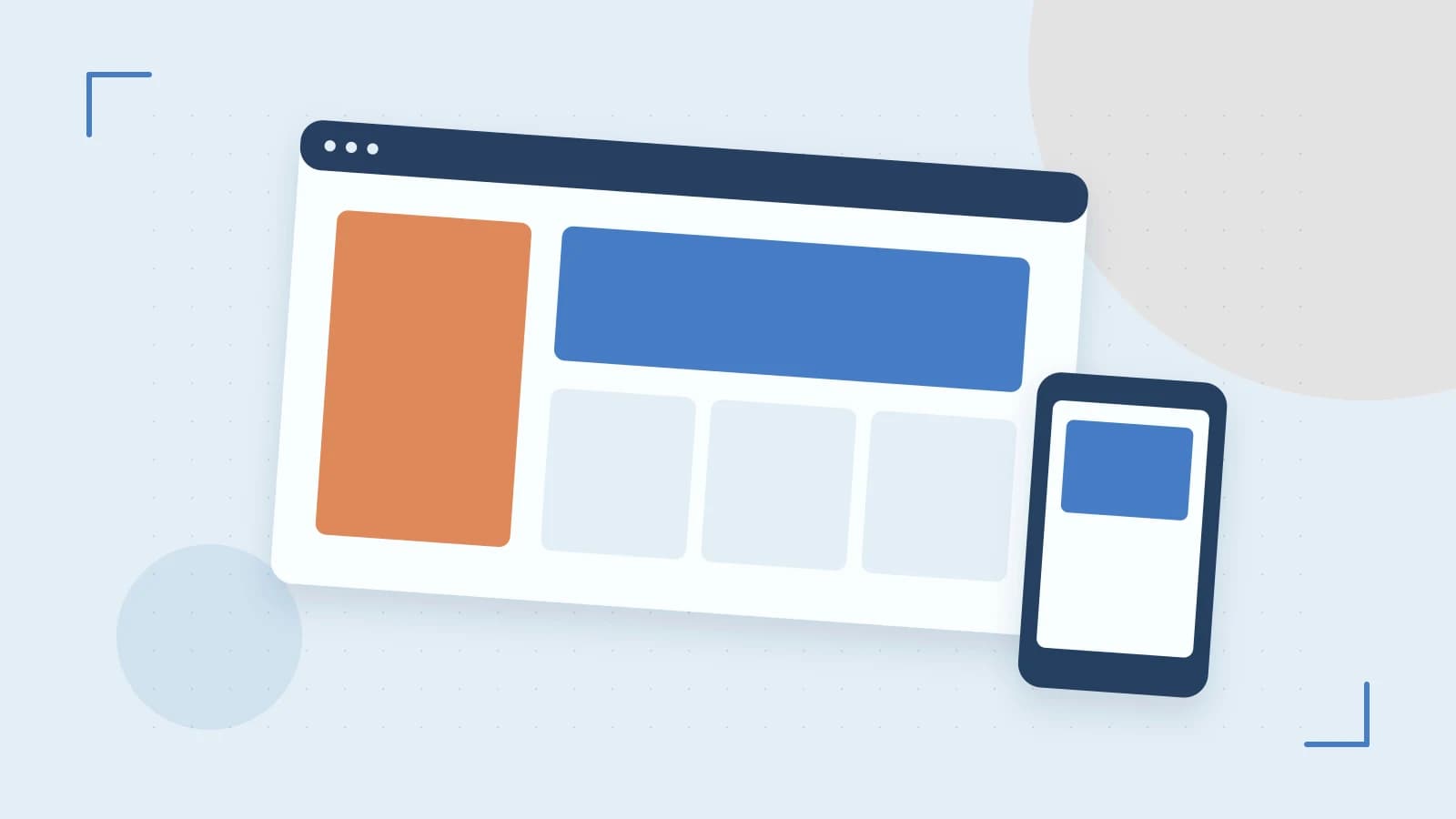Editorial illustration of responsive browser layouts, overlapping design components and a color system