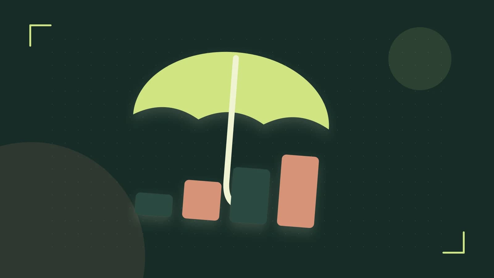 Editorial illustration of abstract coins, a payment card and a geometric financial chart without data labels