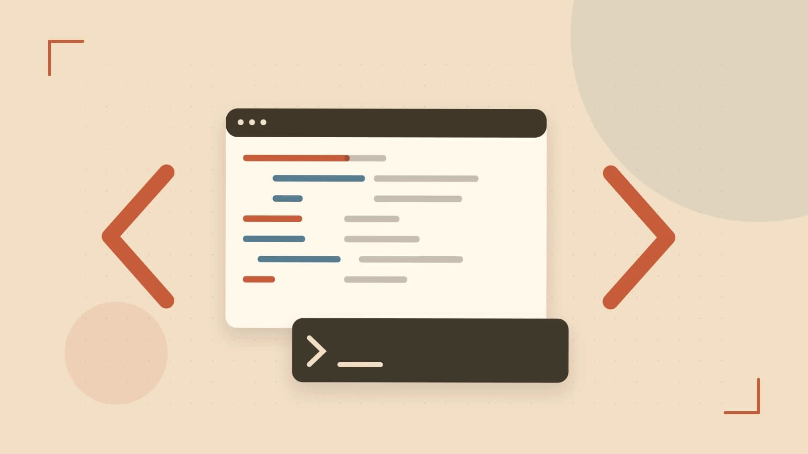 Editorial illustration of an abstract code editor, syntax blocks and oversized programming brackets