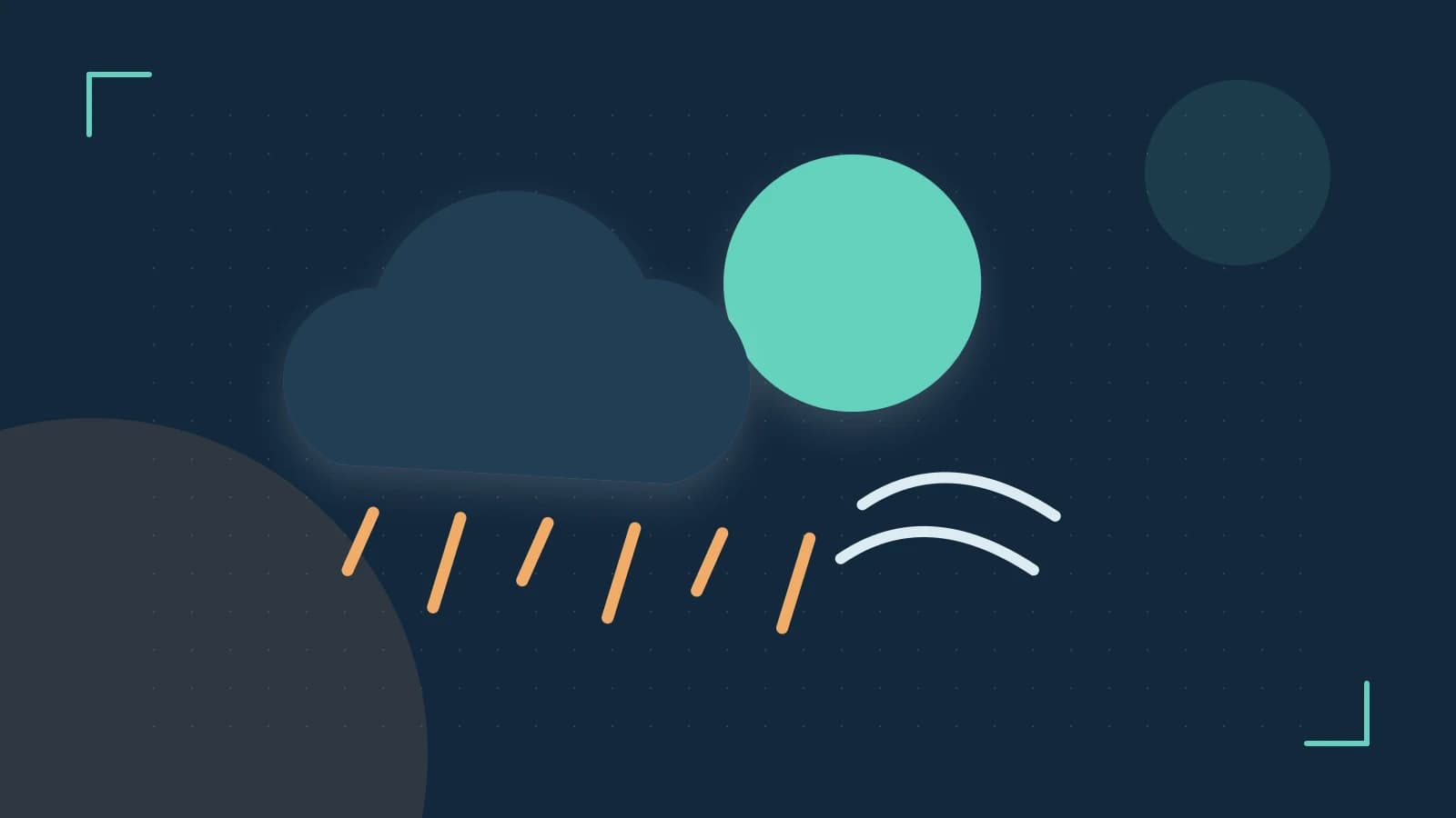 Editorial illustration of a sun, layered clouds, raindrops and flowing weather patterns