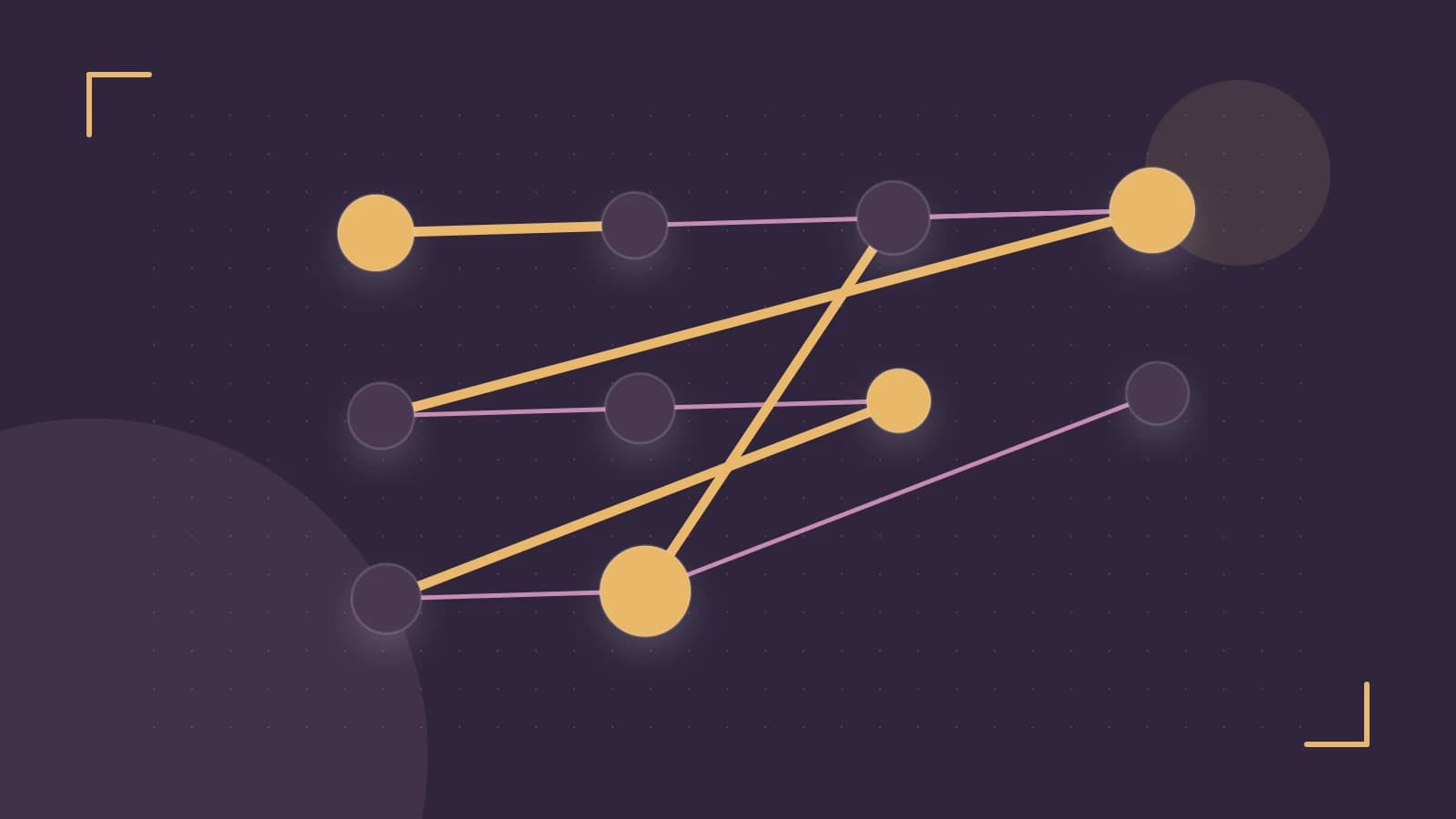 Editorial illustration of an algorithmic node graph with branching paths and a highlighted result