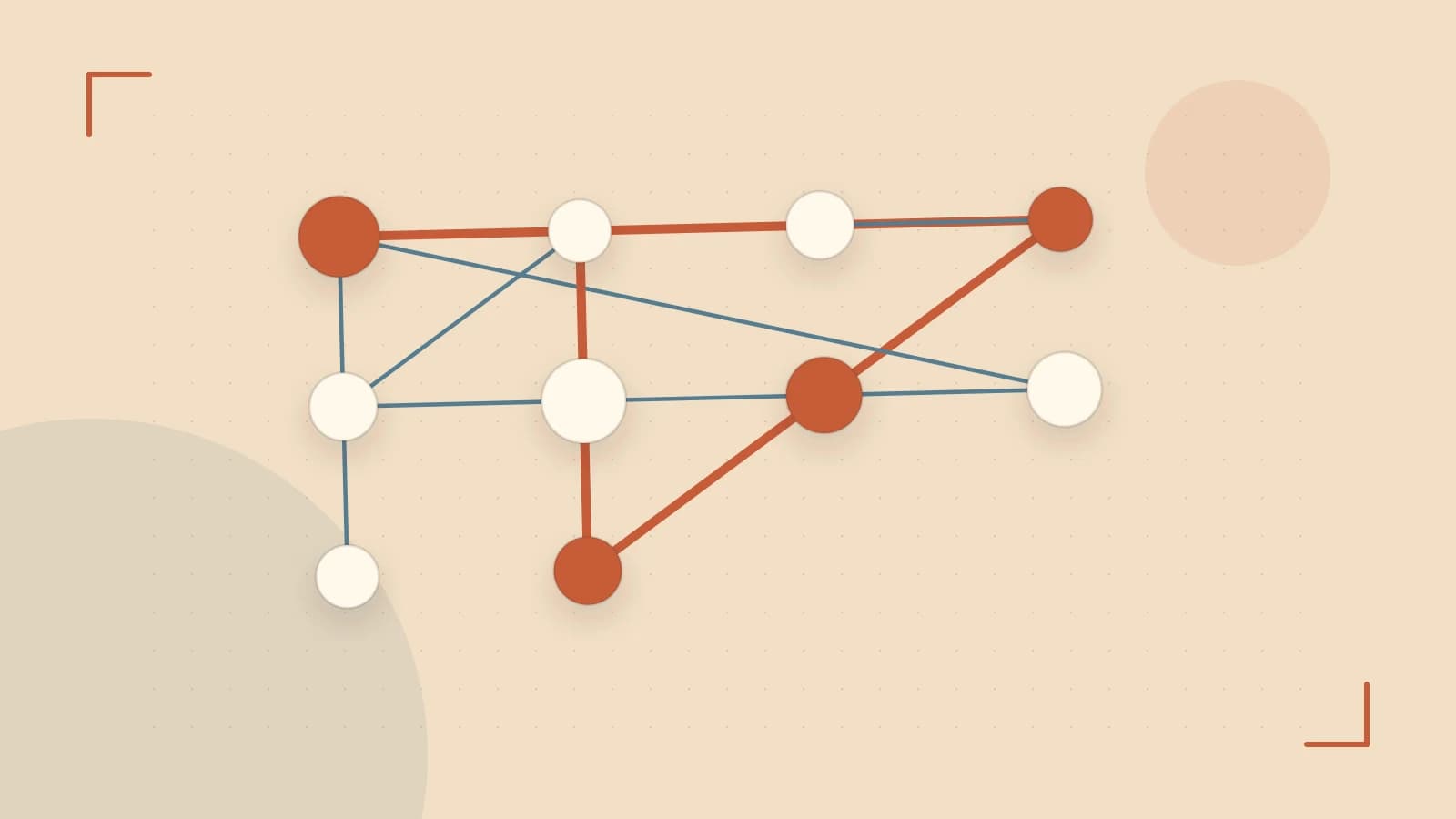 Editorial illustration of an algorithmic node graph with branching paths and a highlighted result
