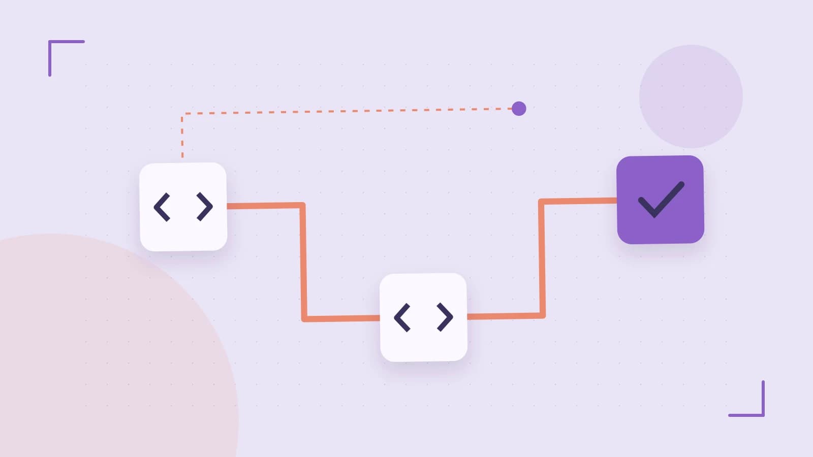Editorial illustration of a branching build pipeline, staged transformations and a completed check