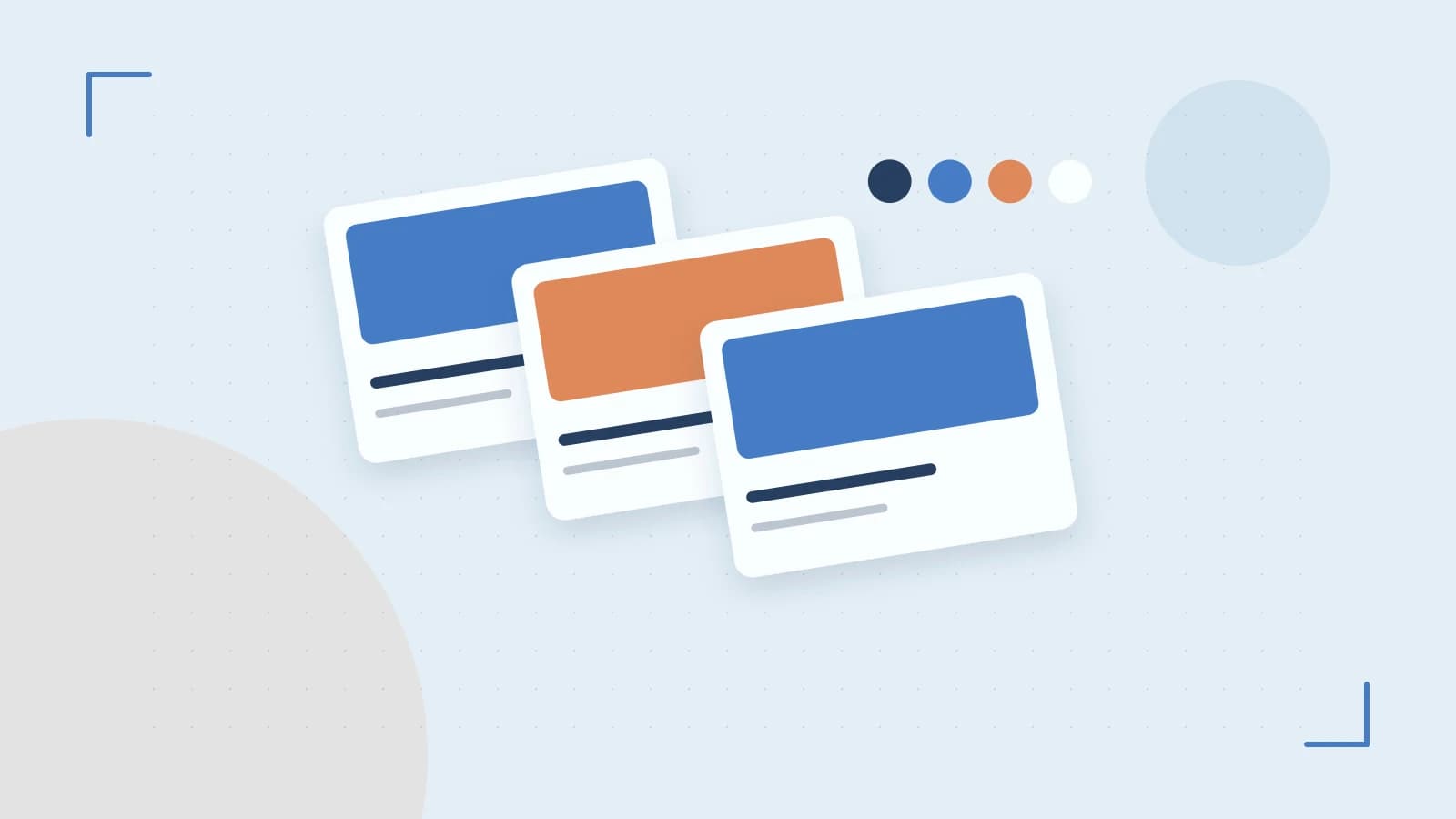 Editorial illustration of responsive browser layouts, overlapping design components and a color system